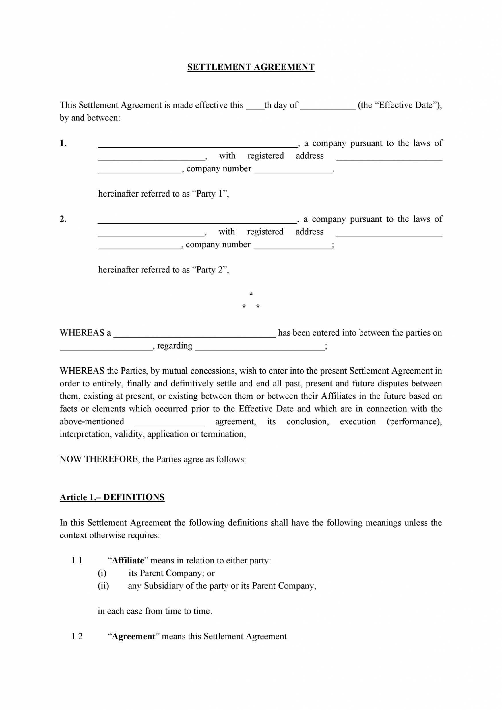 Damages Settlement Agreement Template