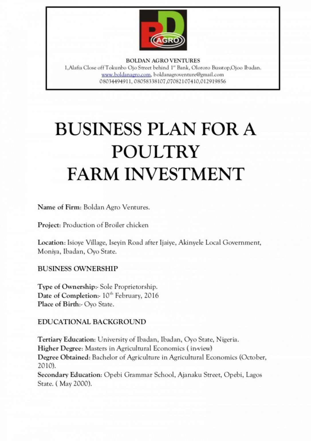 business plan in agriculture sample