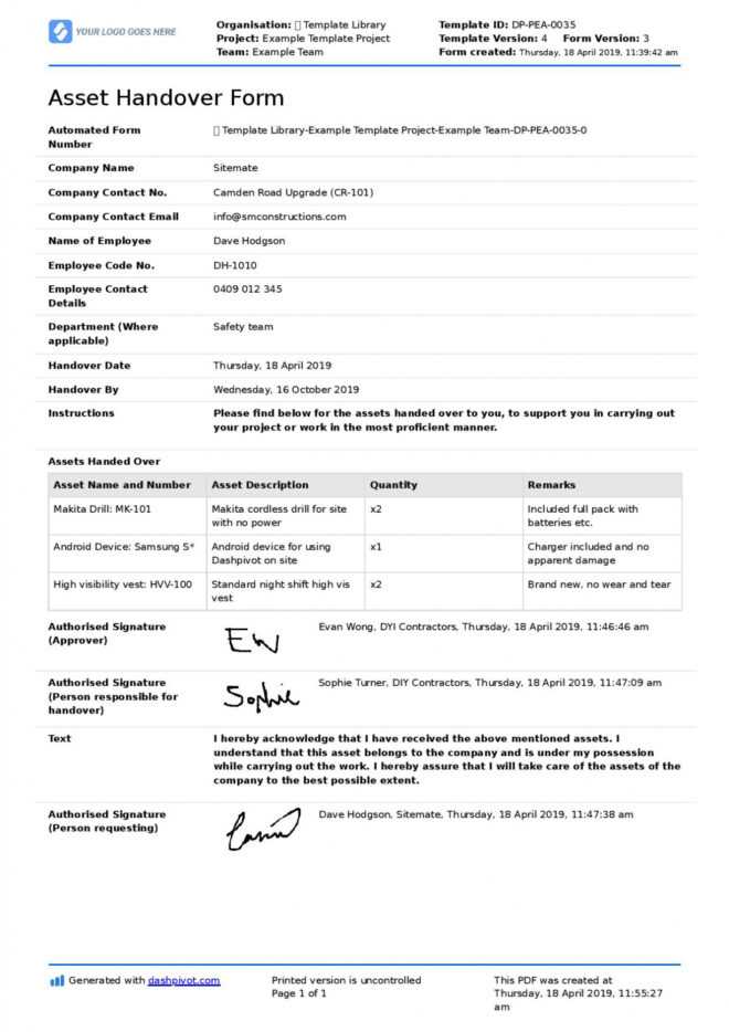 Asset Handover Form Template (Easy For Employee And Company) with Handover Agreement Template