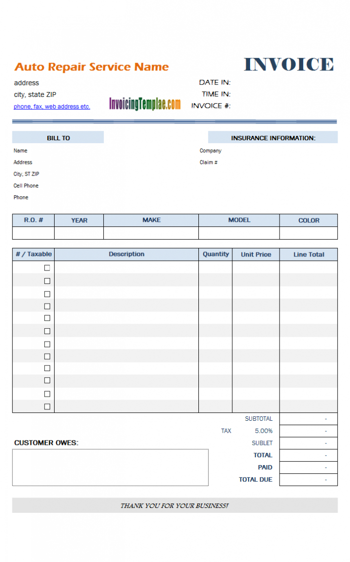 Auto Repair Invoice Template with Car Service Invoice Template Free Download