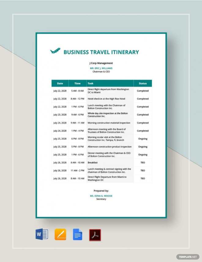 Business Travel Itinerary Template - 23+ (Word, Excel &amp; Pdf) within Sample Business Travel Itinerary Template