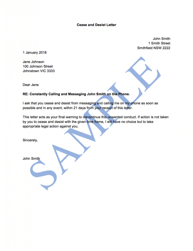 Cease And Desist Letter (General) - Free Template | Sample in Cease And Desist Letter Template Australia