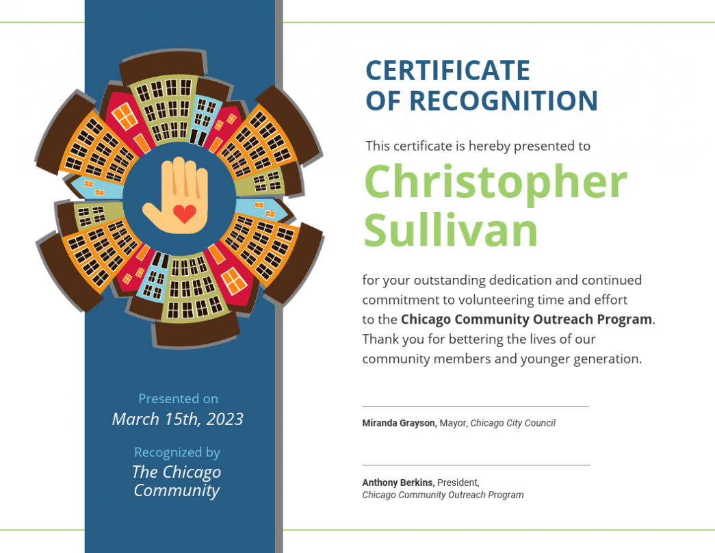 Community Volunteer Certificate Of Recognition Template with Volunteer Award Certificate Template