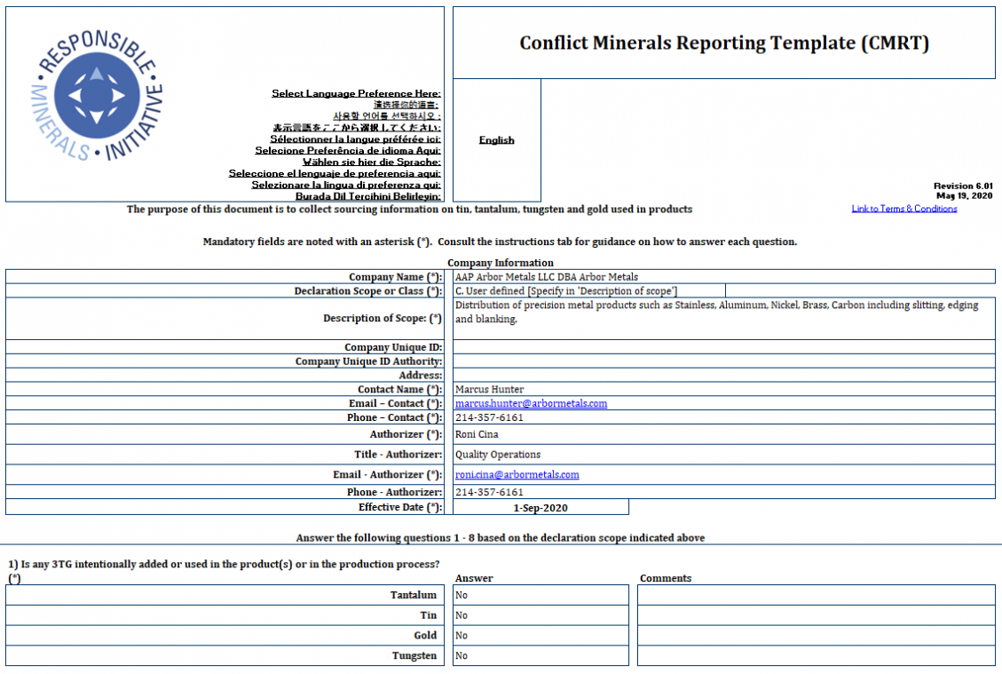 Conflict Minerals Declaration Template within Eicc Conflict Minerals Reporting Template