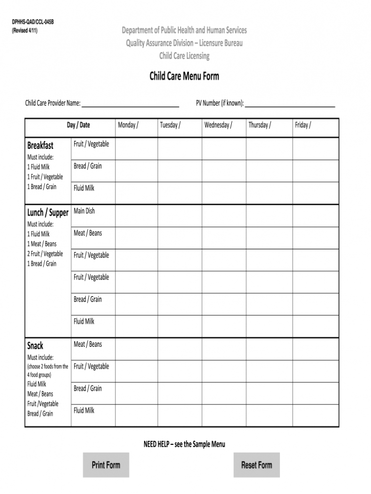 Daycare Menu Template - Fill Online, Printable, Fillable with regard to Daycare Menu Template