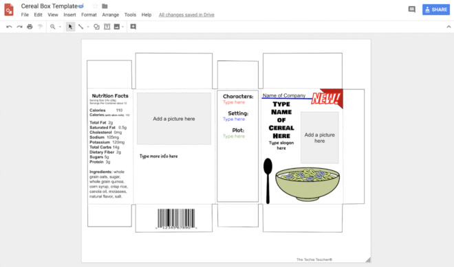 Design A Cereal Box In Google Drawing: Book Report Idea regarding Cereal Box Book Report Template