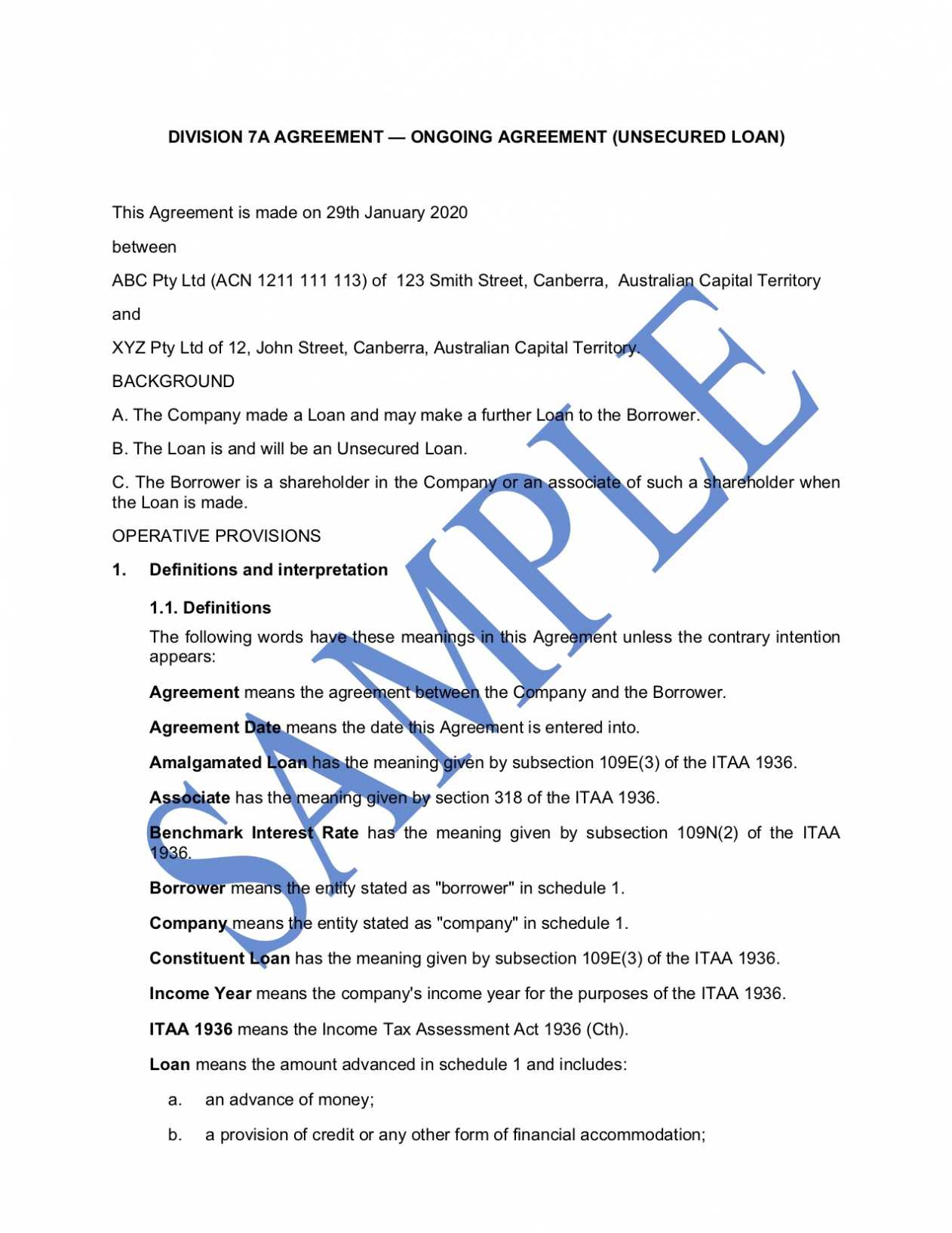 Division 7A Loan Agreement - Free Template | Sample - Lawpath for Division 7A Loan Agreement Template