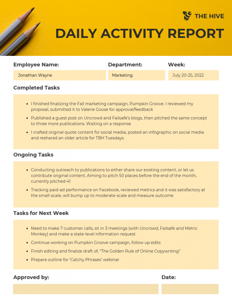 Employee Daily Activity Report Template with Daily Activity Report Template