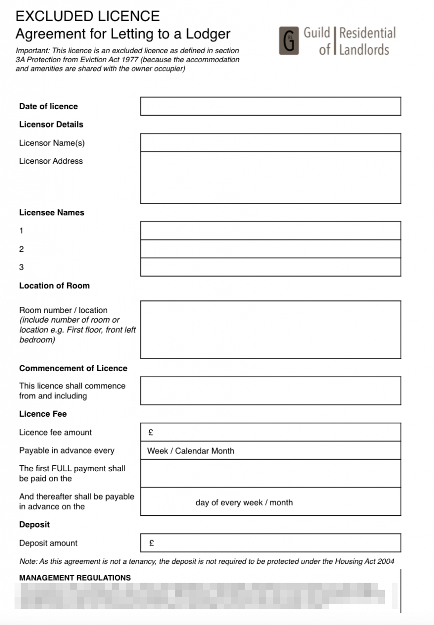 Excluded Licence Lodger Agreement - Grl Landlord Association for Termination Of Lodger Agreement Template