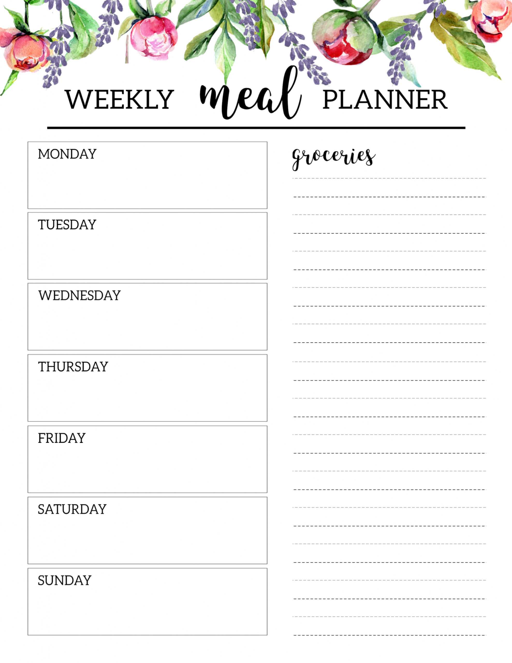 Floral Free Printable Meal Planner Template | Paper Trail Design with Blank Dinner Menu Template