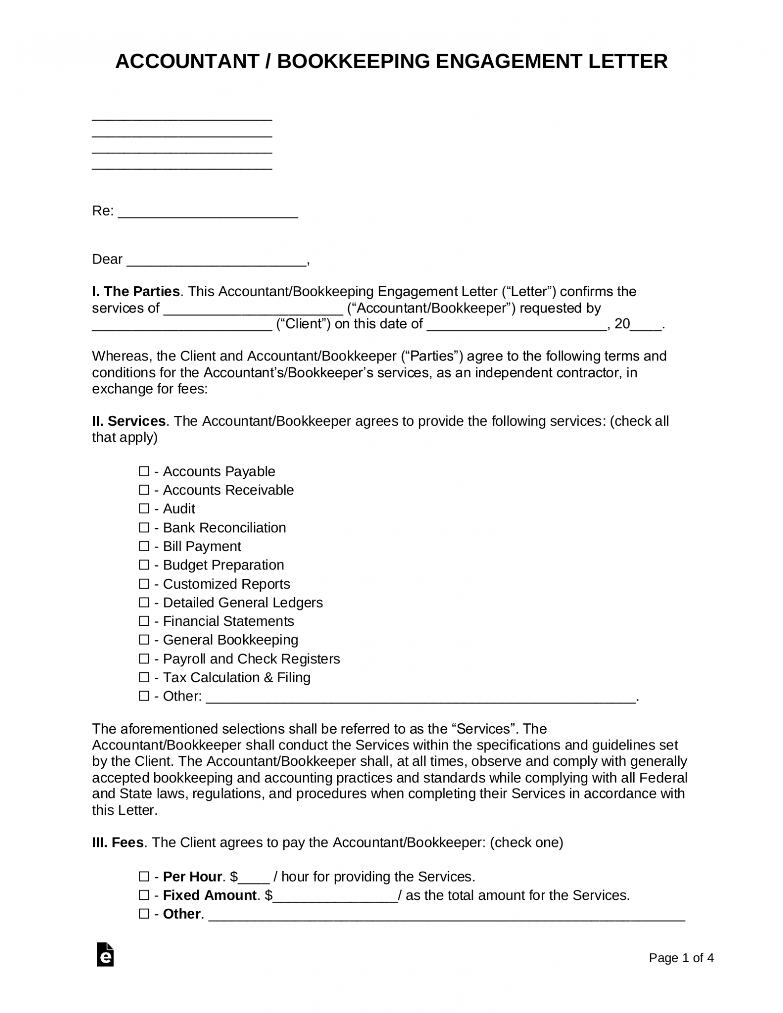 Free Accountant / Bookkeeping Engagement Letter - Pdf | Word in Bookkeeping Letter Of Engagement Template