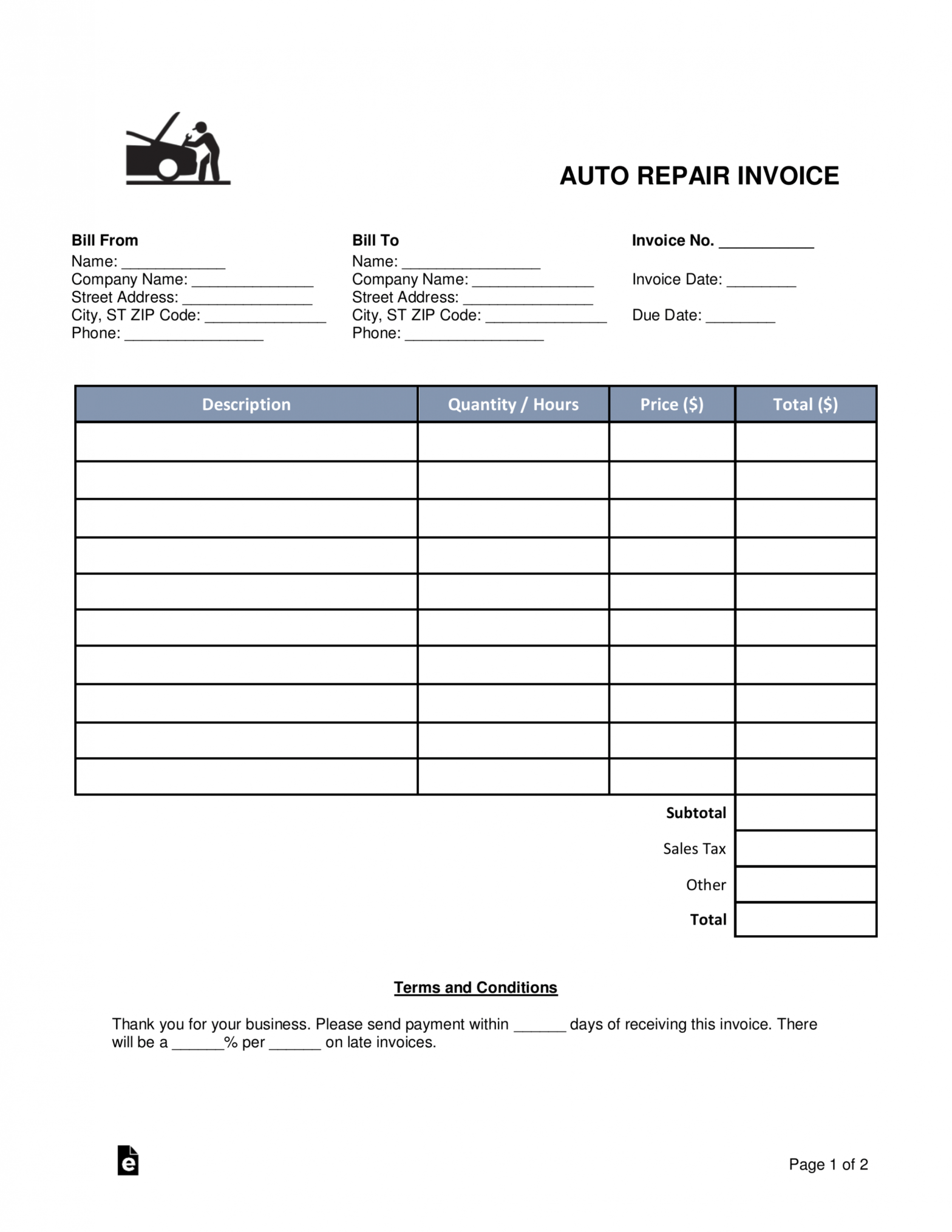Free Auto Body (Mechanic) Invoice Template - Word | Pdf | Eforms throughout Mechanic Shop Invoice Templates