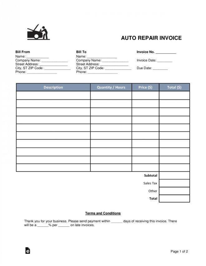 Free Auto Body (Mechanic) Invoice Template - Word | Pdf | Eforms within Mechanics Invoice Template