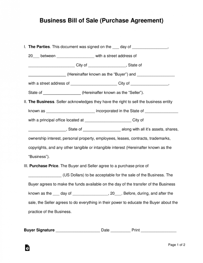 Free Business Bill Of Sale Form (Purchase Agreement) - Word for Transfer Of Business Ownership Contract Template