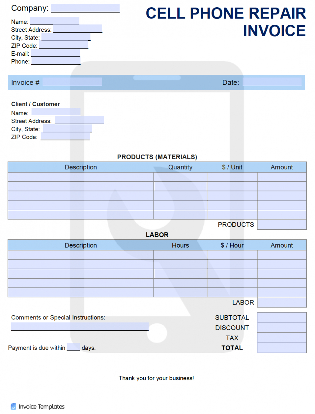 Free Cell Phone Repair Invoice Template | Pdf | Word | Excel inside Cell Phone Repair Invoice Template