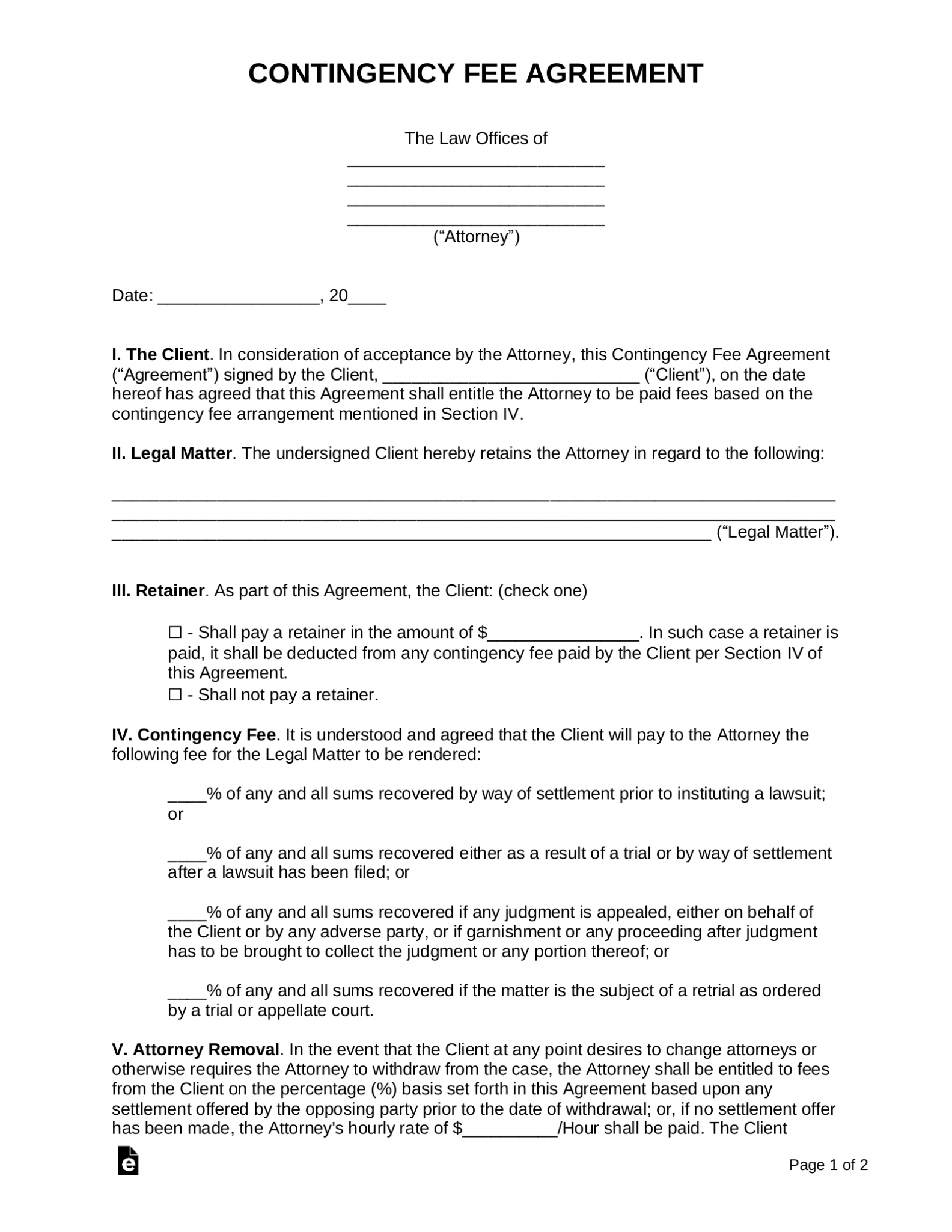 Free Contingency Fee Agreement Template - Sample - Pdf throughout Contingency Fee Agreement Template
