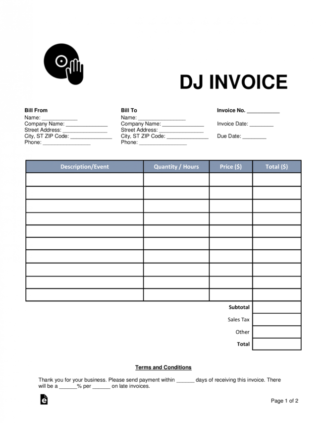 Free Dj (Disc Jockey) Invoice Template - Word | Pdf | Eforms with Invoice Template For Dj Services