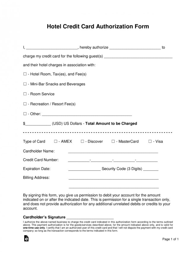 Free Hotel Credit Card Authorization Forms - Word | Pdf | Eforms for Hotel Credit Card Authorization Form Template