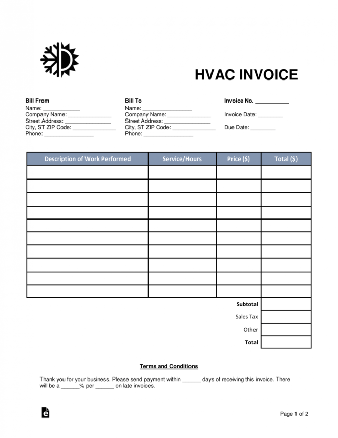 Free Hvac Invoice Template - Word | Pdf | Eforms in Hvac Service Order Invoice Template