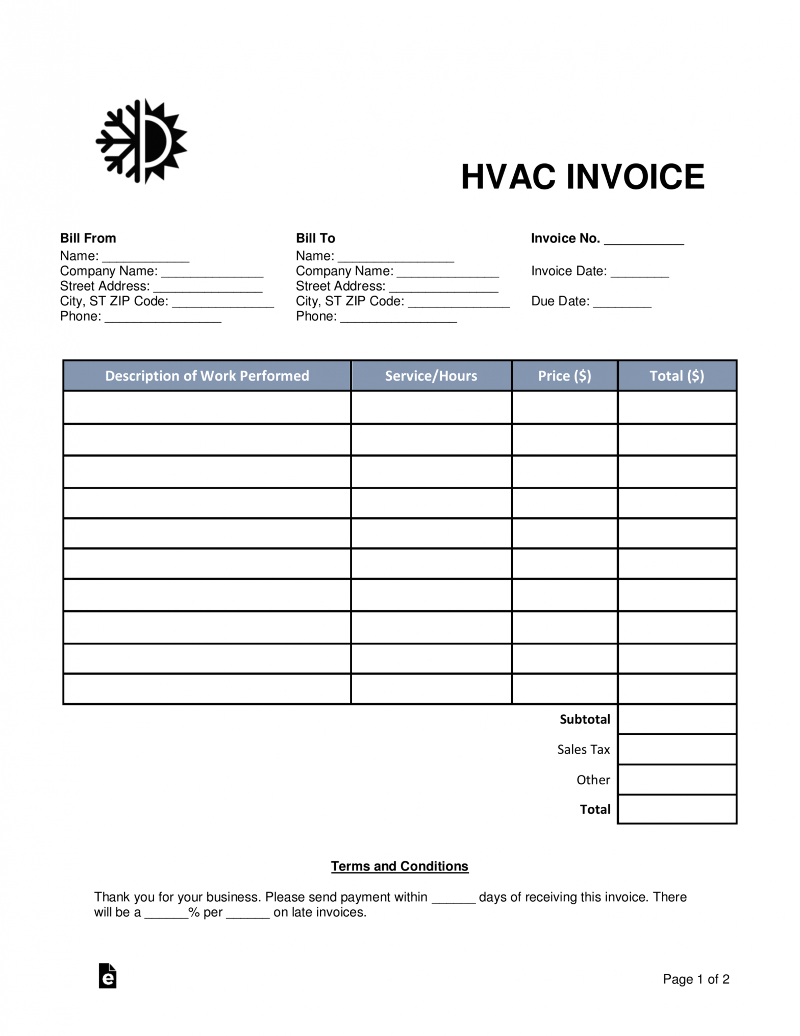 Free Hvac Invoice Template - Word | Pdf | Eforms throughout Air Conditioning Invoice Template
