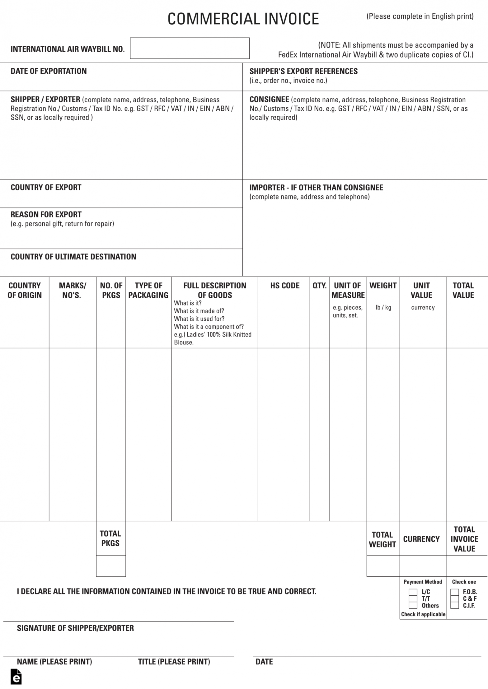 Free International Commercial Invoice Templates - Pdf | Eforms within Customs Commercial Invoice Template