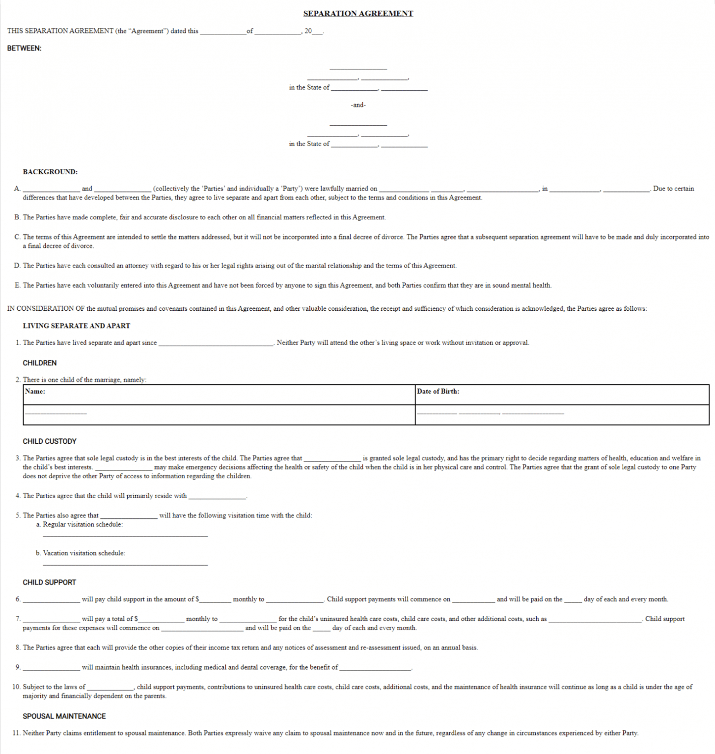 Free Marriage Separation Agreement Template