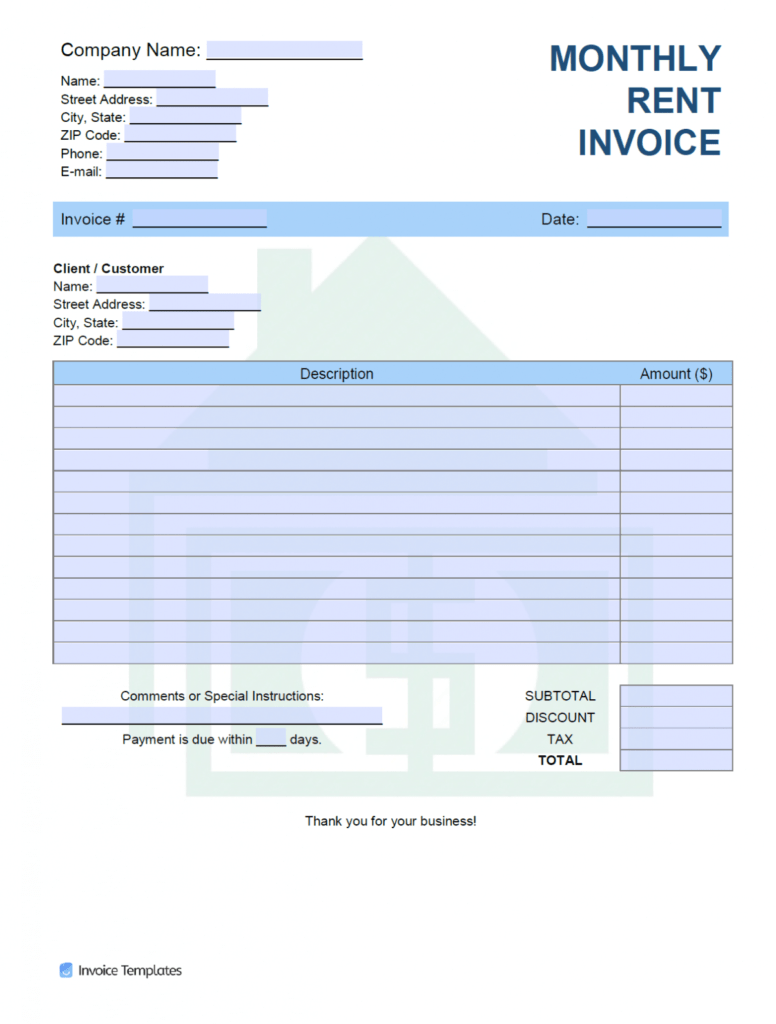 Monthly Rent Invoice Template