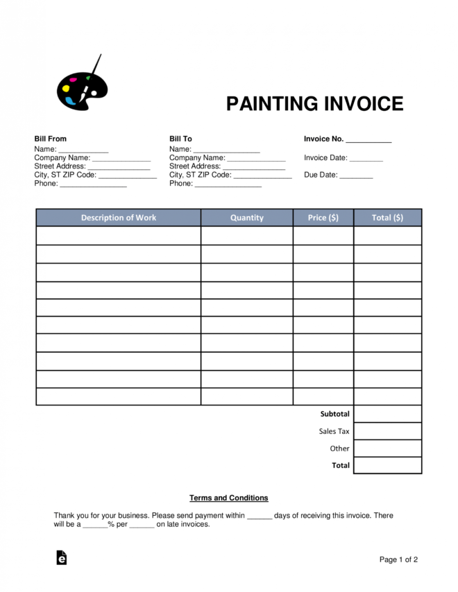 Free Painting Invoice Template - Word | Pdf | Eforms within Painter Invoice Template