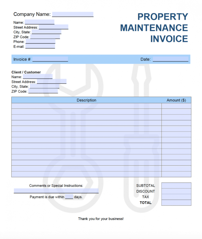 Free Property Maintenance Invoice Template | Pdf | Word | Excel within Maintenance Invoice Template Free