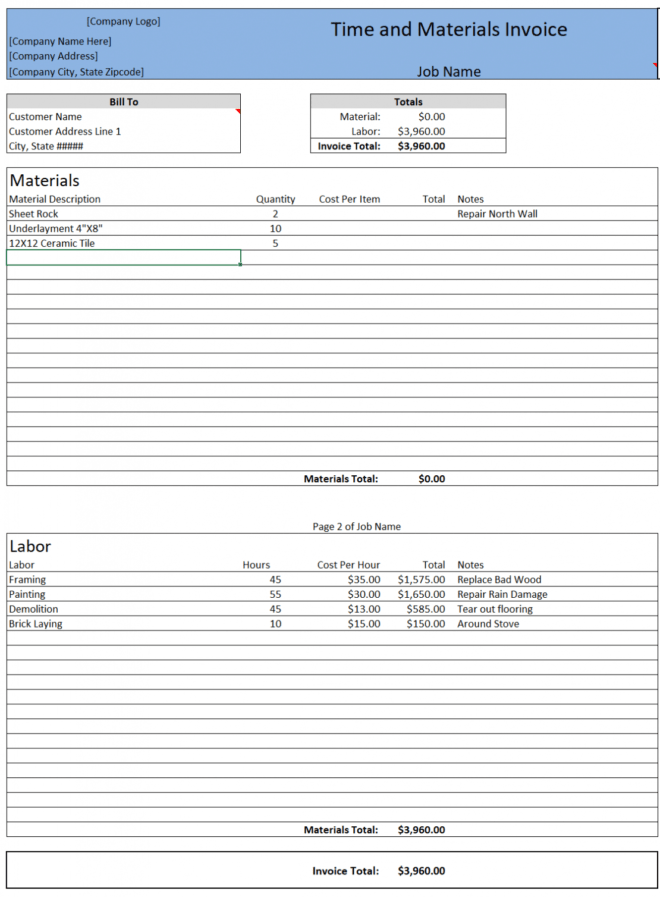 Free Time And Materials Invoice In Excel pertaining to Time And Material Invoice Template