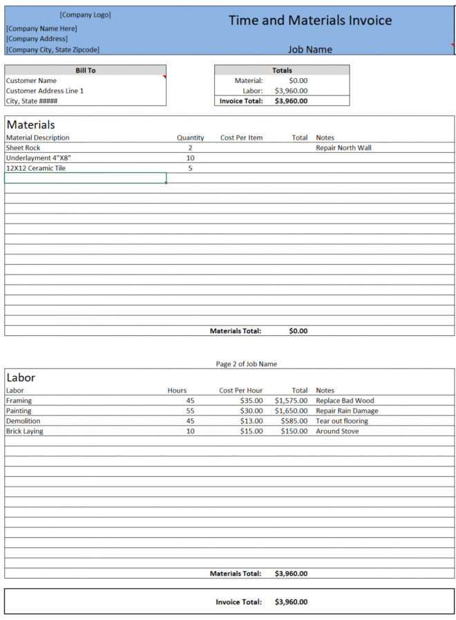 Time And Material Invoice Template