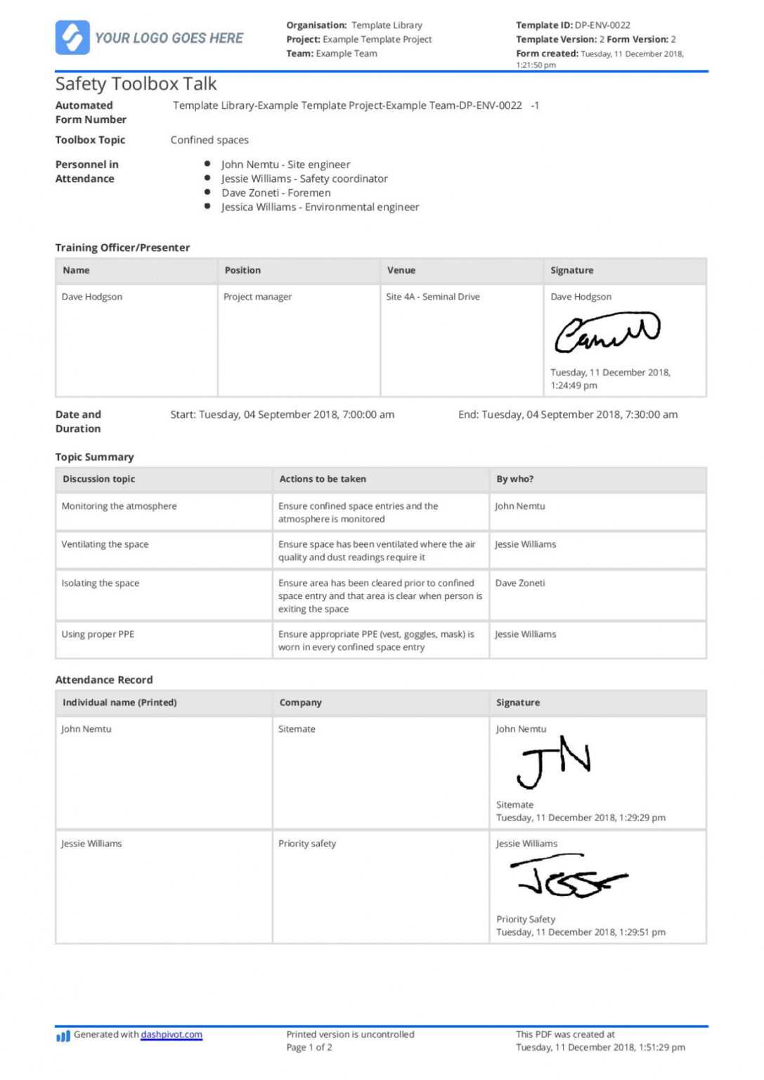 Toolbox Meeting Template Doc