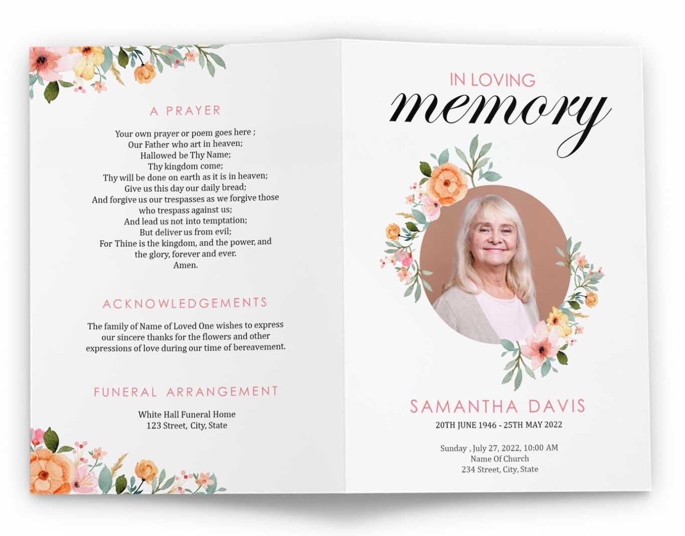 Funeral Pamphlet Template For Women throughout Funeral Flyer Template