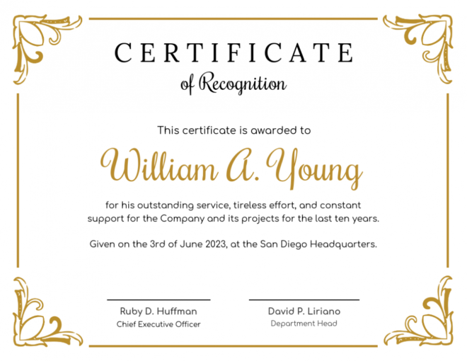 Golden Certificate Of Recognition Template regarding Recognition Of Service Certificate Template