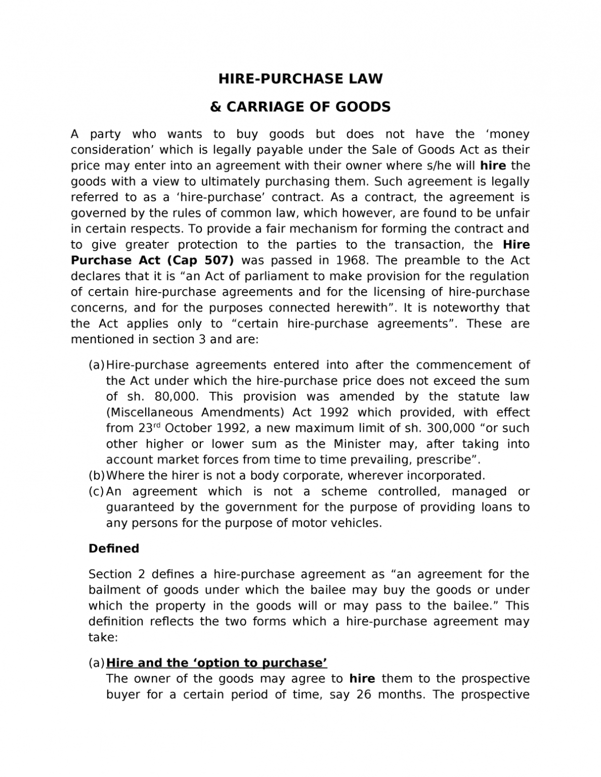 Hire- Purchase Law &amp; Carriage Of Goods - Studocu inside Hire Purchase Agreement Template