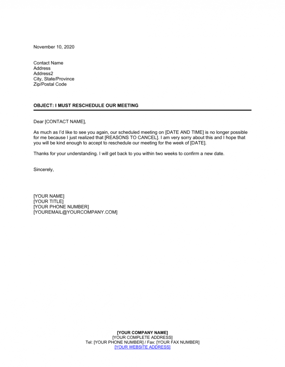 Reschedule Meeting Email Template