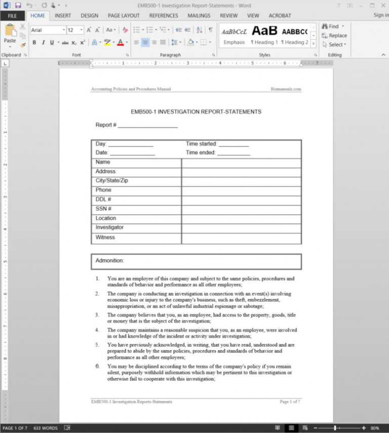 Investigation Report Template Doc