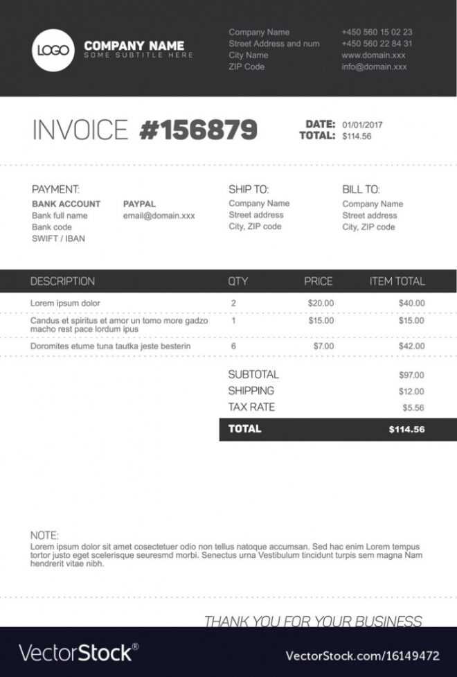 Invoice Template - Black And White Version Vector Image regarding Black Invoice Template