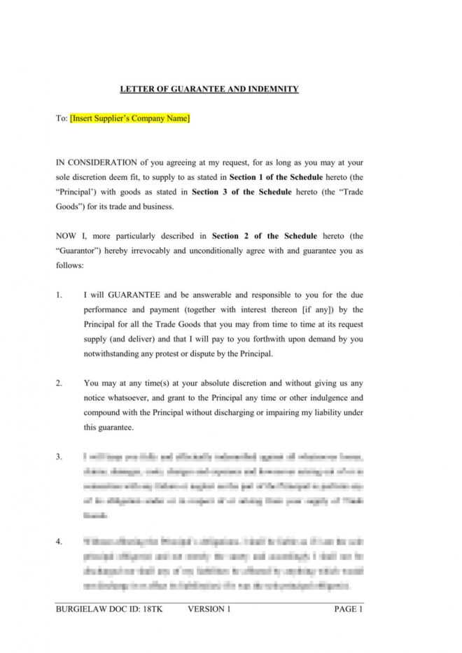 Letter Of Guarantee And Indemnity (Supplier) Template throughout Letter Of Guarantee Template
