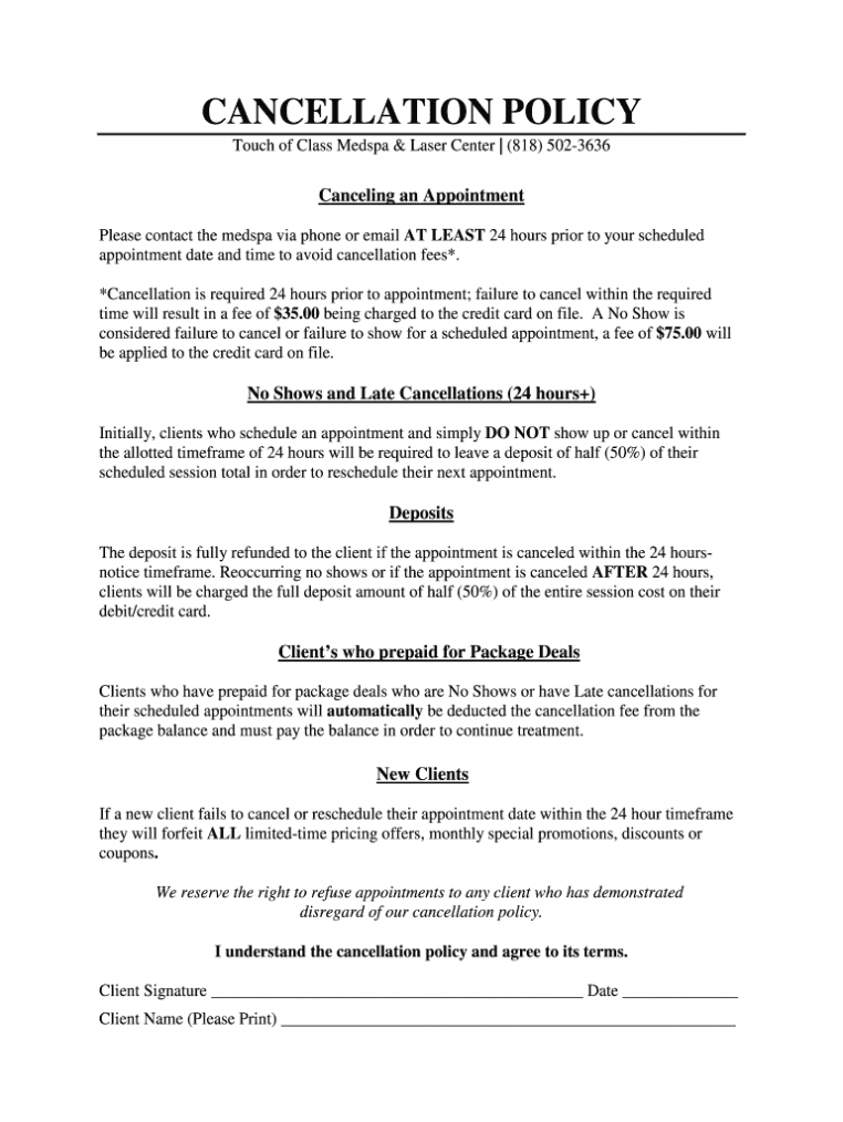 24 Hour Cancellation Policy Template Great Professional Template Design