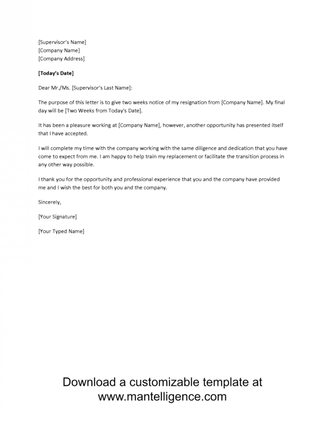 New Opportunity Two Weeks Notice Letter Template Comp in 2 Weeks Notice Template Word