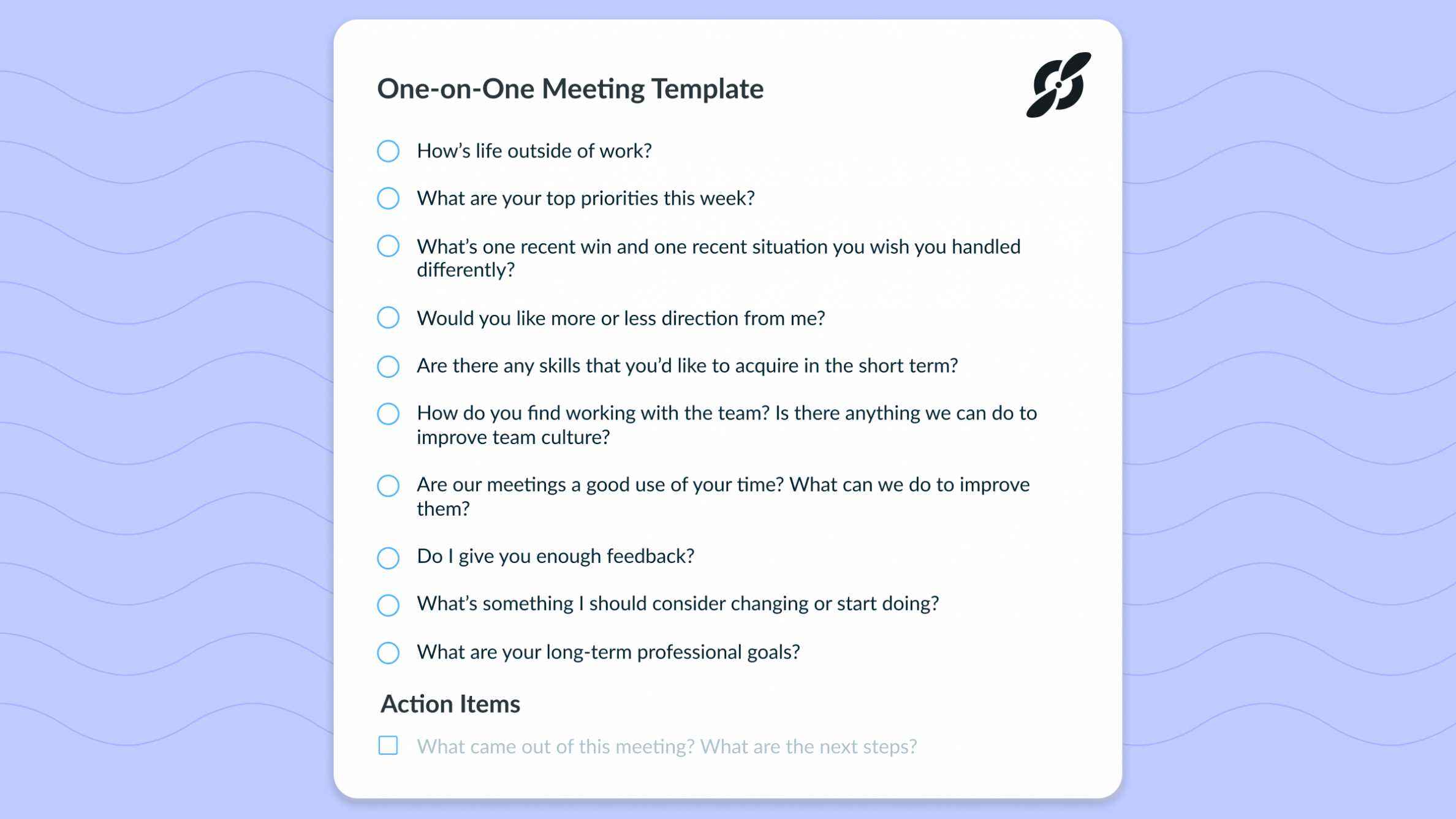One On One Meeting Template: Top 10 Questions Great Managers for One On One Staff Meeting Agenda Template