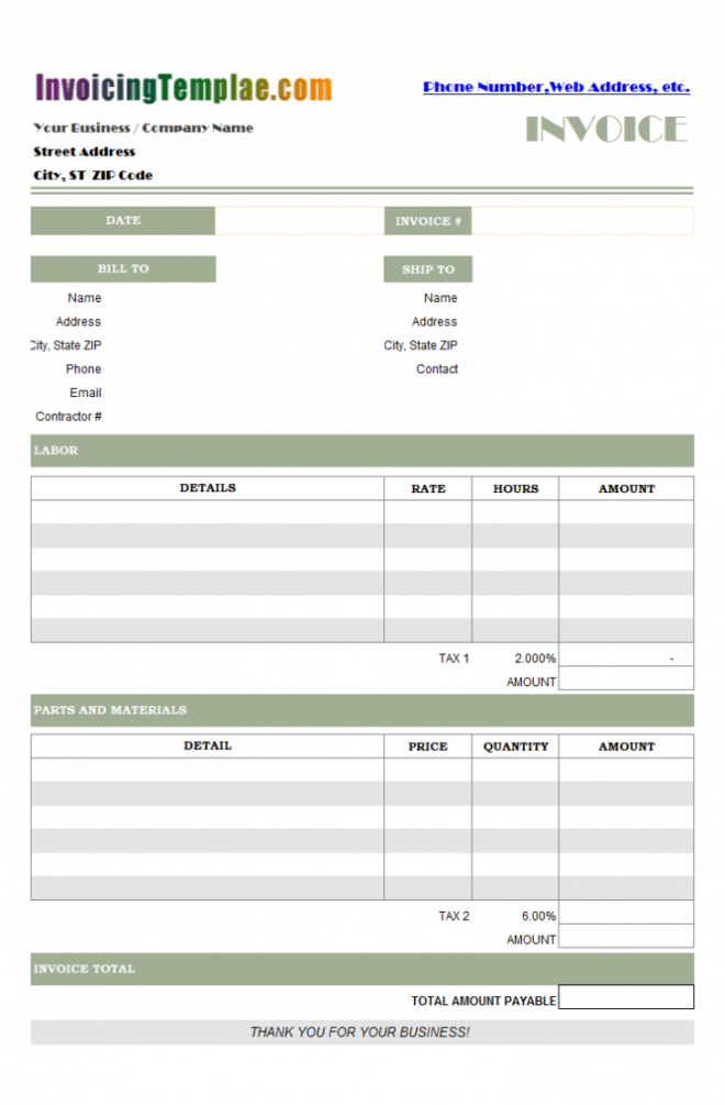 Parts And Labor Invoicing Format pertaining to Parts And Labor Invoice Template Free