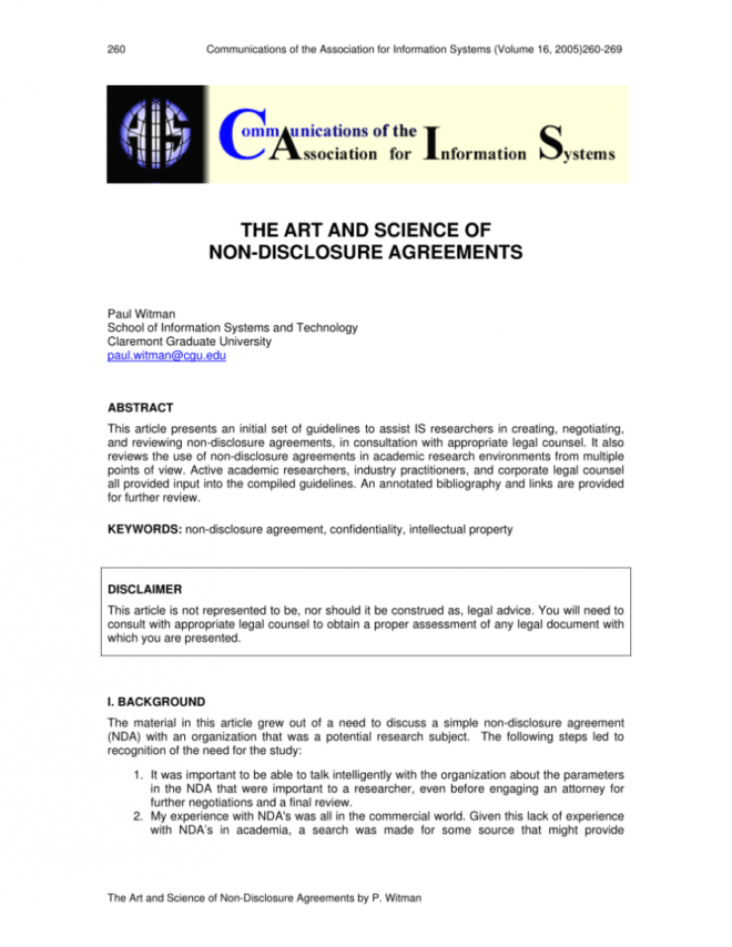 Pdf) The Art And Science Of Non-Disclosure Agreements within Non Disclosure Agreement Template For Research