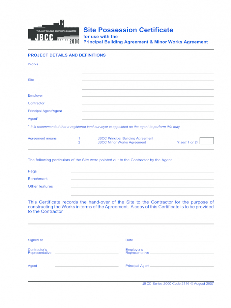 Possession Certificate - Fill Online, Printable, Fillable throughout Practical Completion Certificate Template Jct