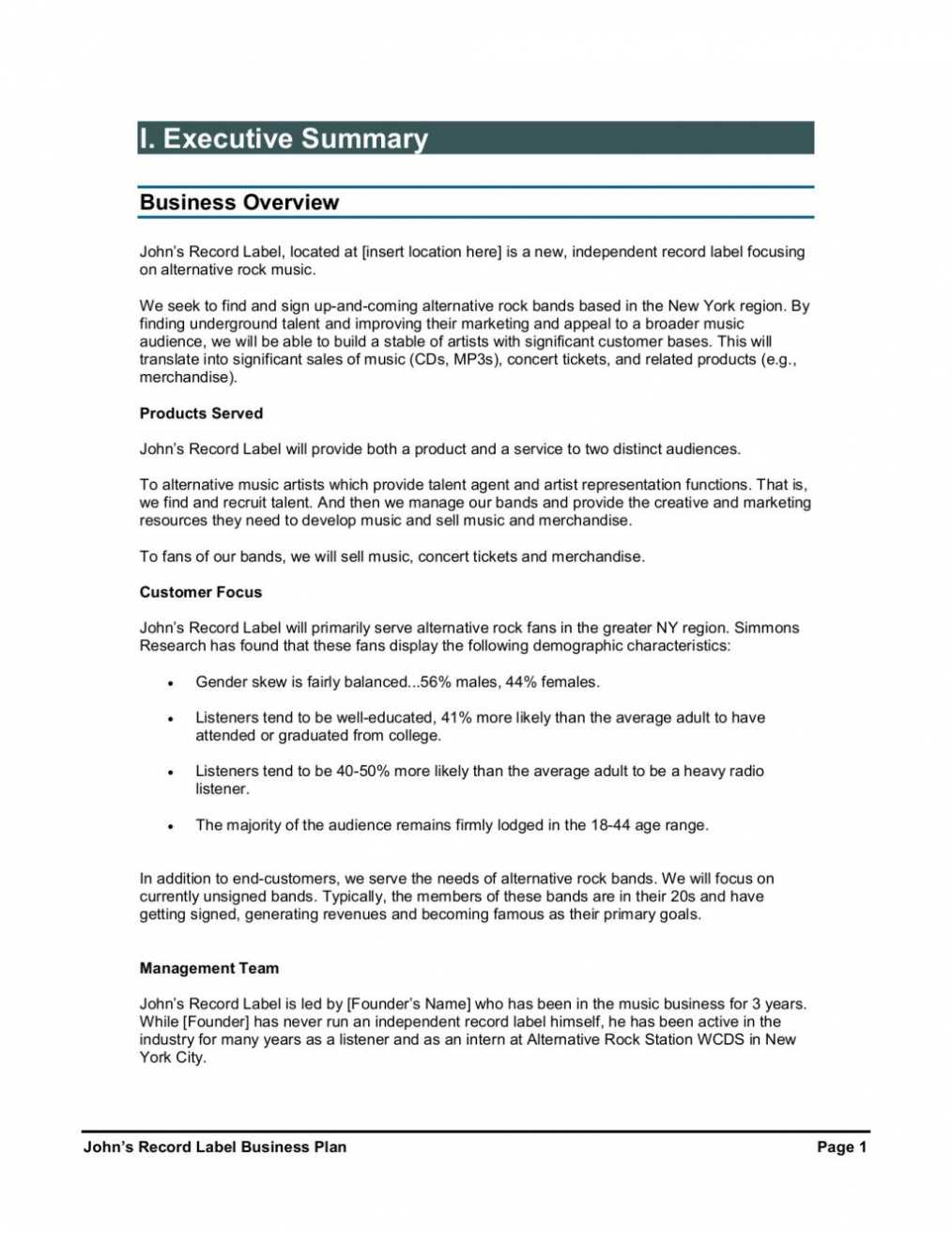 Record Label Business Plan Template Sample Pdf Example regarding Independent Record Label Business Plan Template