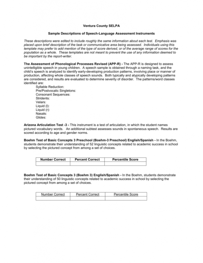 Sample Descriptions Of Speech-Language Assessment Instruments intended for Speech And Language Report Template