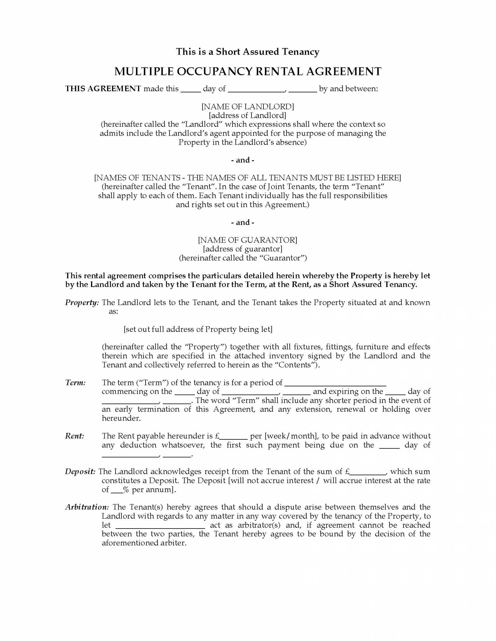 Scottish Multiple Occupancy Short Assured Tenancy Agreement pertaining to Scottish Short Assured Tenancy Agreement Template