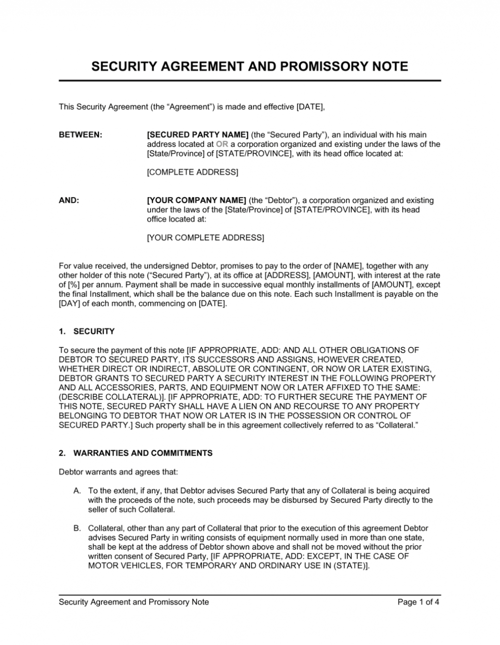 Security Agreement And Promissory Note Template | By regarding Collateral Warranty Agreement Template