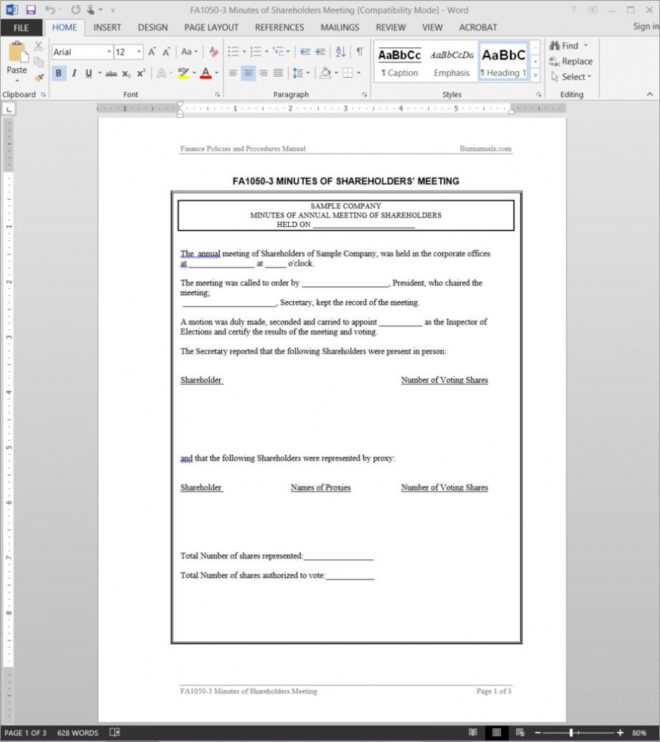 Shareholders Meeting Minutes Template | Fa1050-3 for Minutes Of Shareholders Meeting Template